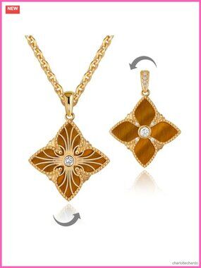 14K Gold Plated Brass Double-Sided Clover Pendant Necklace Lucky Charm